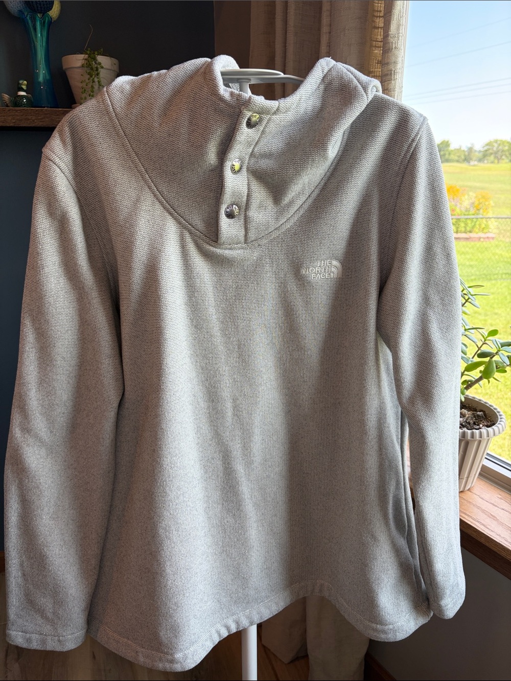 The North Face Womens Snap Button Fleece Hoodie Pullover Sz L Gray Scuba Neck